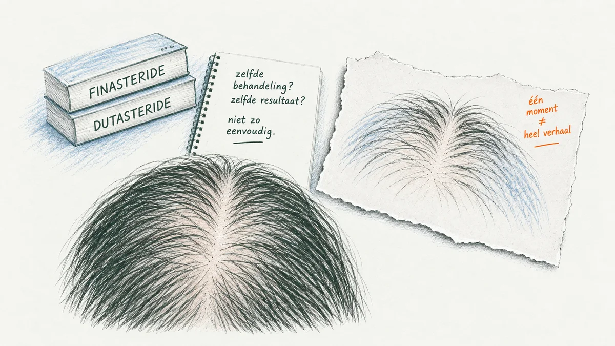 Getekende vergelijking van finasteride, dutasteride en haarbeelden op een onderzoeksblad.