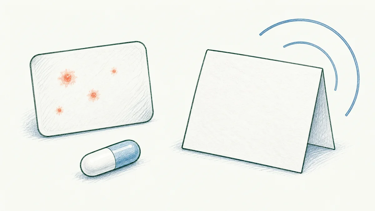 Getekend huidkaartje met acnevlekjes naast een capsule en leeg veiligheidskaartje.