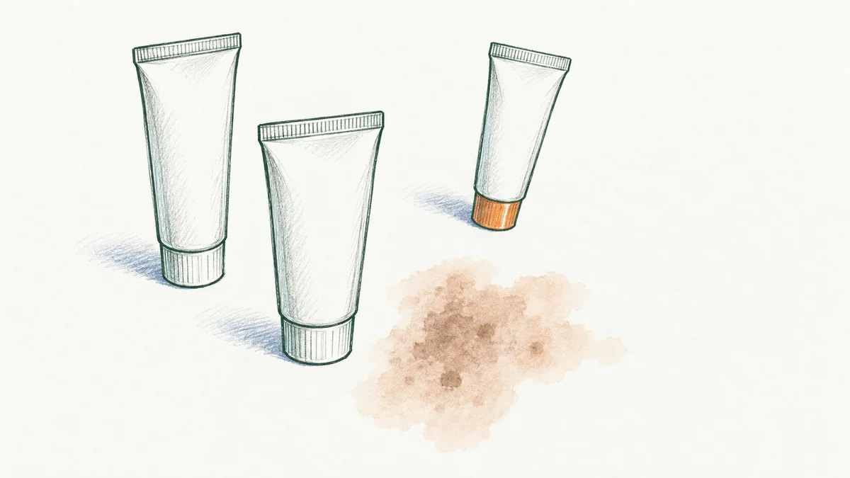 Drie onbedrukte tubes naast een pigmentvlek, als schets voor de Kligman-formule.