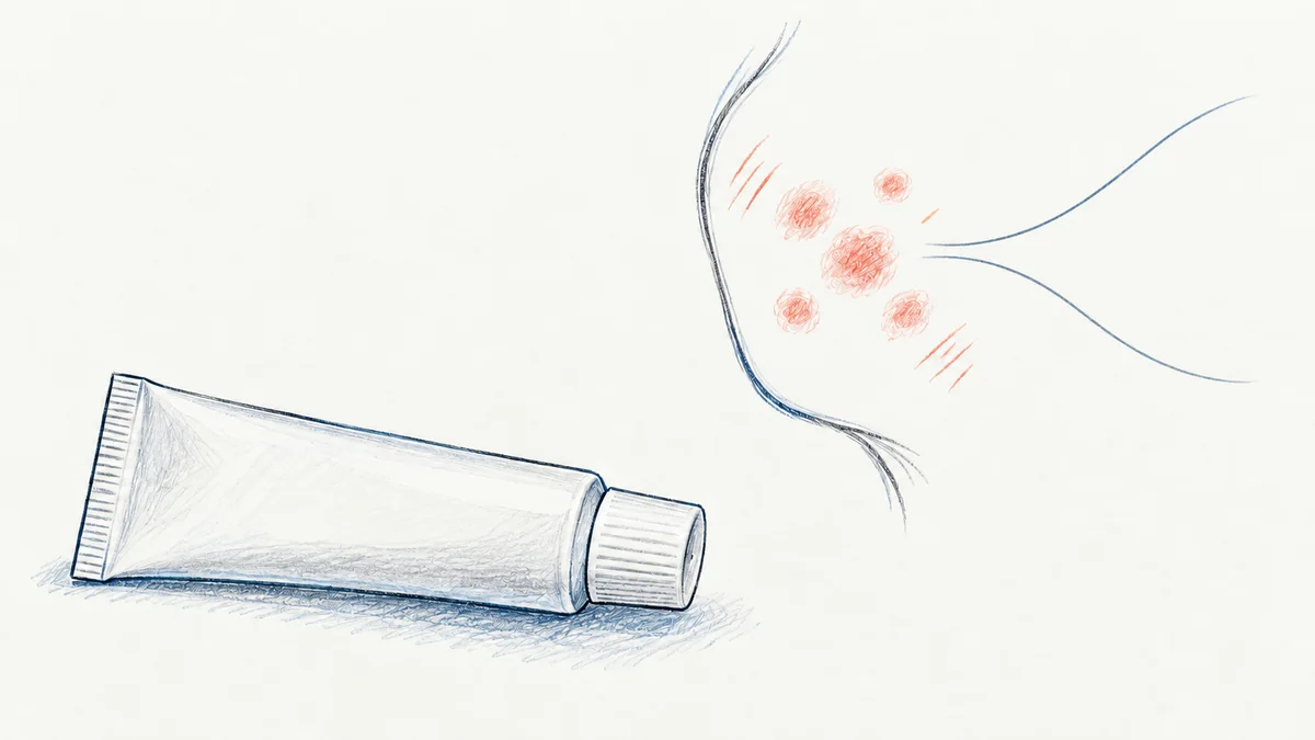 Getekende tube en wangcontour met rode plekjes bij rosacea, zonder diagnose van een opvlamming.